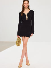 Scalloped Edge Metal Bow Textured Knit Mini Dress