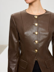 Metal Button Fitted PU Leather Jacket
