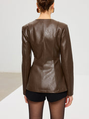 Metal Button Fitted PU Leather Jacket