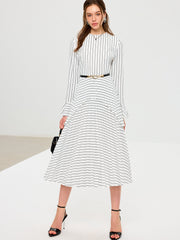 Striped Long Sleeve Belted Midi Dress