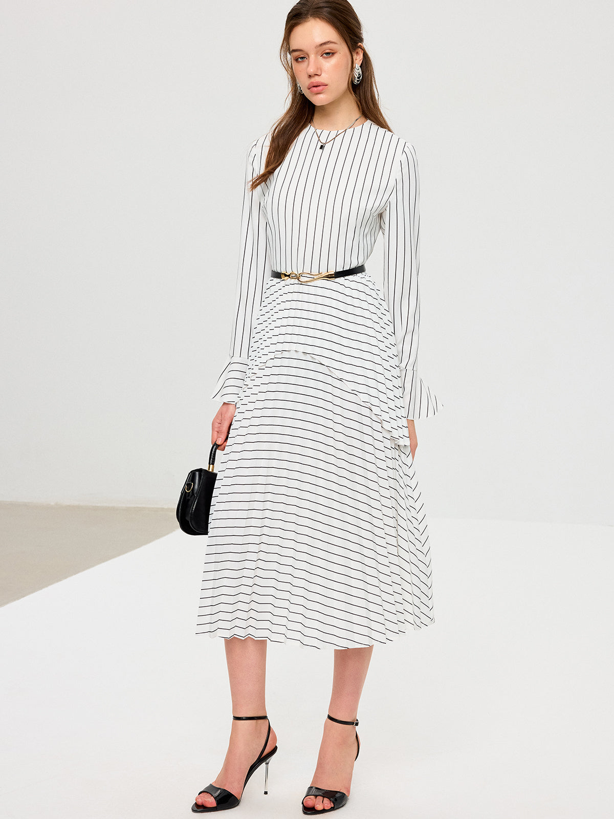 Striped Long Sleeve Belted Midi Dress