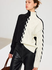 Color-Block Cable Knit Turtleneck Sweater