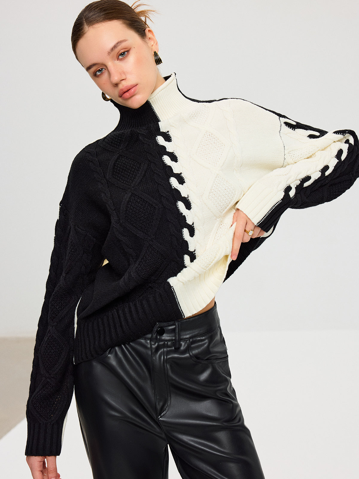 Color-Block Cable Knit Turtleneck Sweater