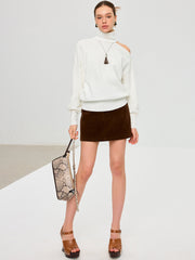 Turtleneck Cold Shoulder Wool Blend Sweater