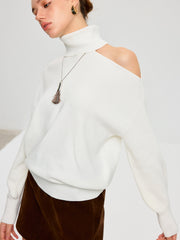 Turtleneck Cold Shoulder Wool Blend Sweater