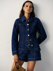 Cinched Waist Metal Button Denim Jacket