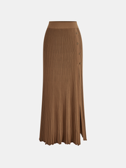Ribbed Side Slit Button Detail Midi Skirt