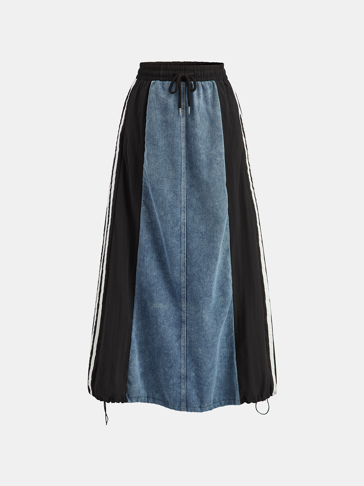 Denim Paneled Striped Drawstring Midi Skirt