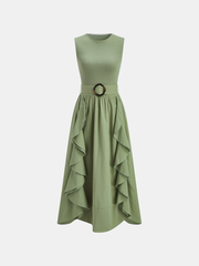 Cotton Blend Ruffled Belted Sleeveless Maxi Dress