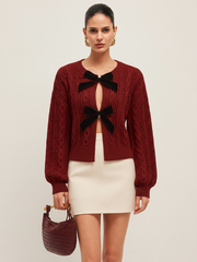 Wool Blend Bow Cable-Knit Cardigan