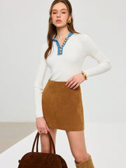 Wool Blend Denim Trim Metal Detail Knit Top