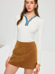 Wool Blend Denim Trim Metal Detail Knit Top