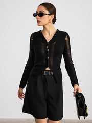 Sheer Panel Button Front Lapel Blouse