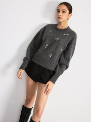 Crew Neck Sweater with Floral Crystal Embellishments