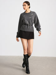 Crew Neck Sweater with Floral Crystal Embellishments