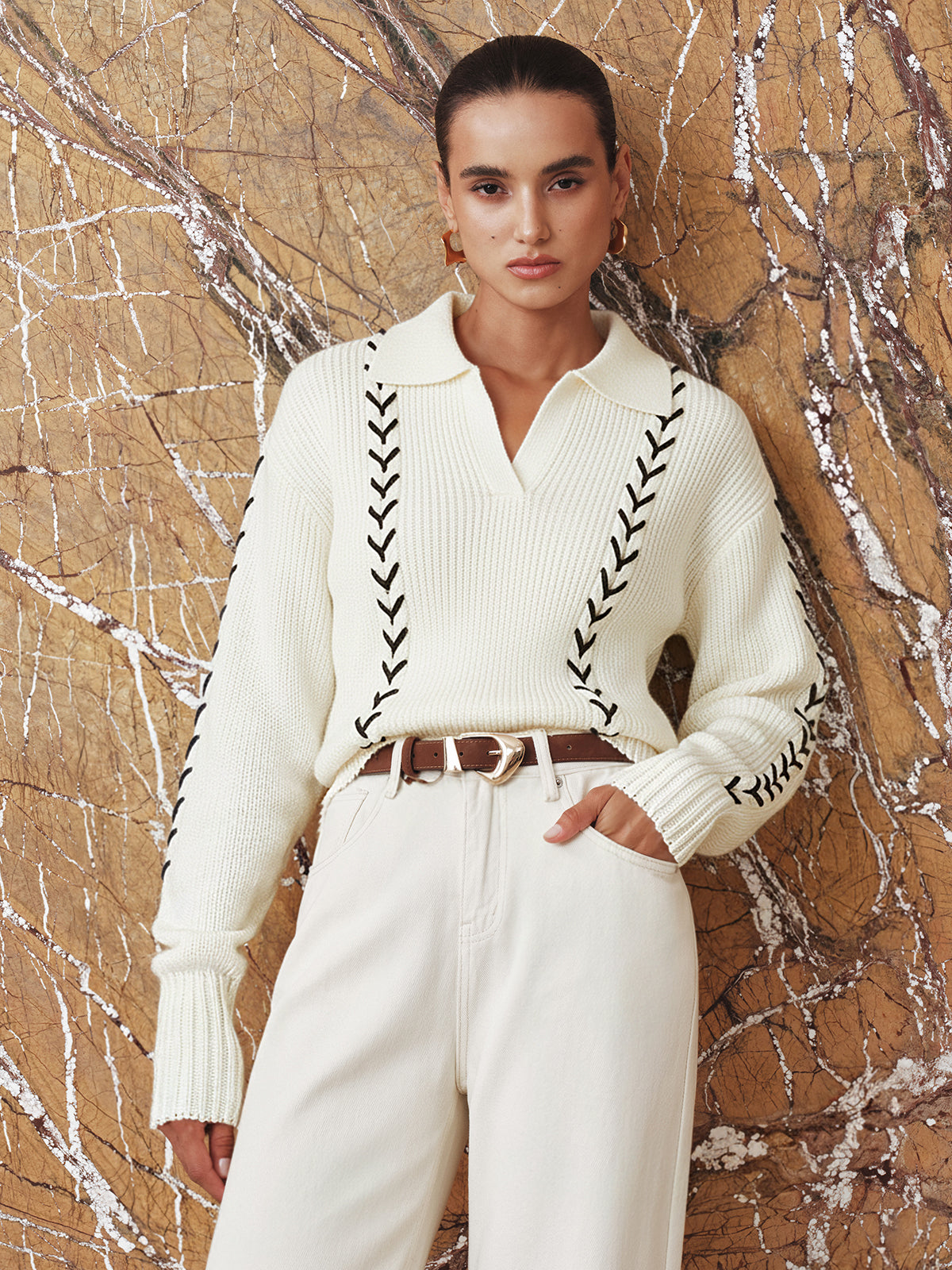 Contrast Stitching Polo Neck Cable Knit Top