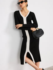 Contrast Trim V-Neck Knitted Slit Dress