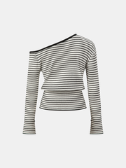Striped Asymmetric Neck Slit Knit Top