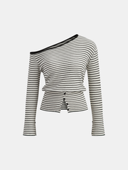 Striped Asymmetric Neck Slit Knit Top
