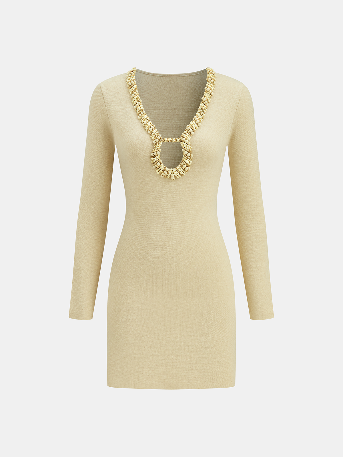 Wool Blend Beaded Cut-Out Neckline Long Sleeve Dress