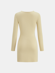 Wool Blend Beaded Cut-Out Neckline Long Sleeve Dress