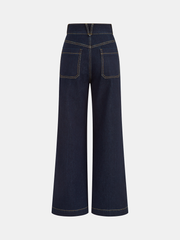 High-Waisted Double-Button Straight-Leg Denim Pants
