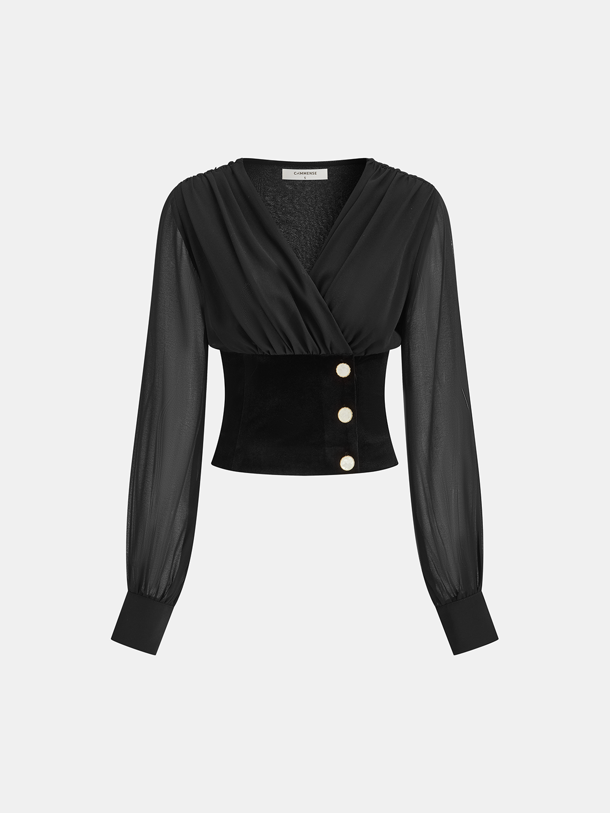 Velvet-Cinched V-Neck Chiffon Paneled Cropped Blouse