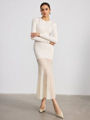 Mesh Panel Hem Long Sleeve Knit Maxi Dress