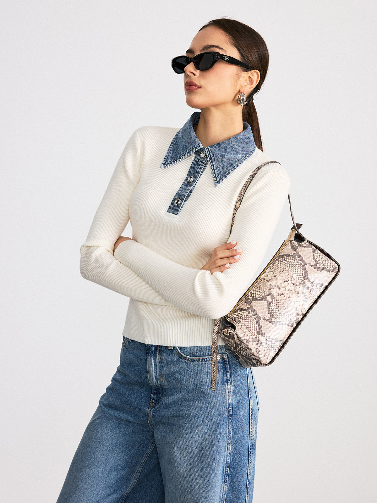 Denim Collar Wool Blend Knit Top