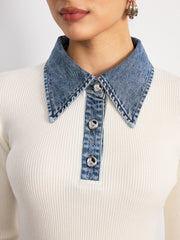 Denim Collar Wool Blend Knit Top