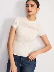 Sheer Panel Mock Neck Short Sleeve T-Shirt