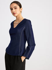 Notch Neck Contrast Stitched Blouse