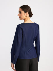 Notch Neck Contrast Stitched Blouse