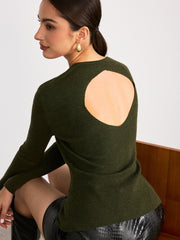 Cut-Out Back Metal Buckle Wool Blend Knit Top