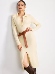 Collared Split-Hem Belted Knit Midi Dress