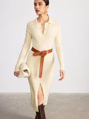 Collared Split-Hem Belted Knit Midi Dress