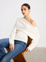 Off-Shoulder Pearl Embellished Wool Blend Sweater