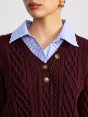 2 in 1 Striped Shirt Panel Cable Knit Top
