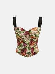 Back Zipper Contrast Strap Floral Printed Corset Top