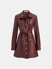 Double-Collar PU Leather Shirt Dress