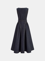 Denim Sleeveless Belted Flared Maxi Dress