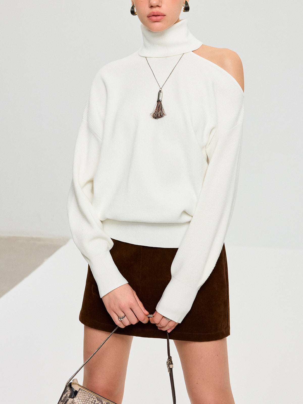 Turtleneck Cold Shoulder Wool Blend Sweater