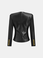 Faux Leather Round Neck Metal Button Fitted Blazer