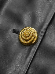 Faux Leather Round Neck Metal Button Fitted Blazer