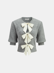 Wool Blend Short Sleeve Bow Knit Top