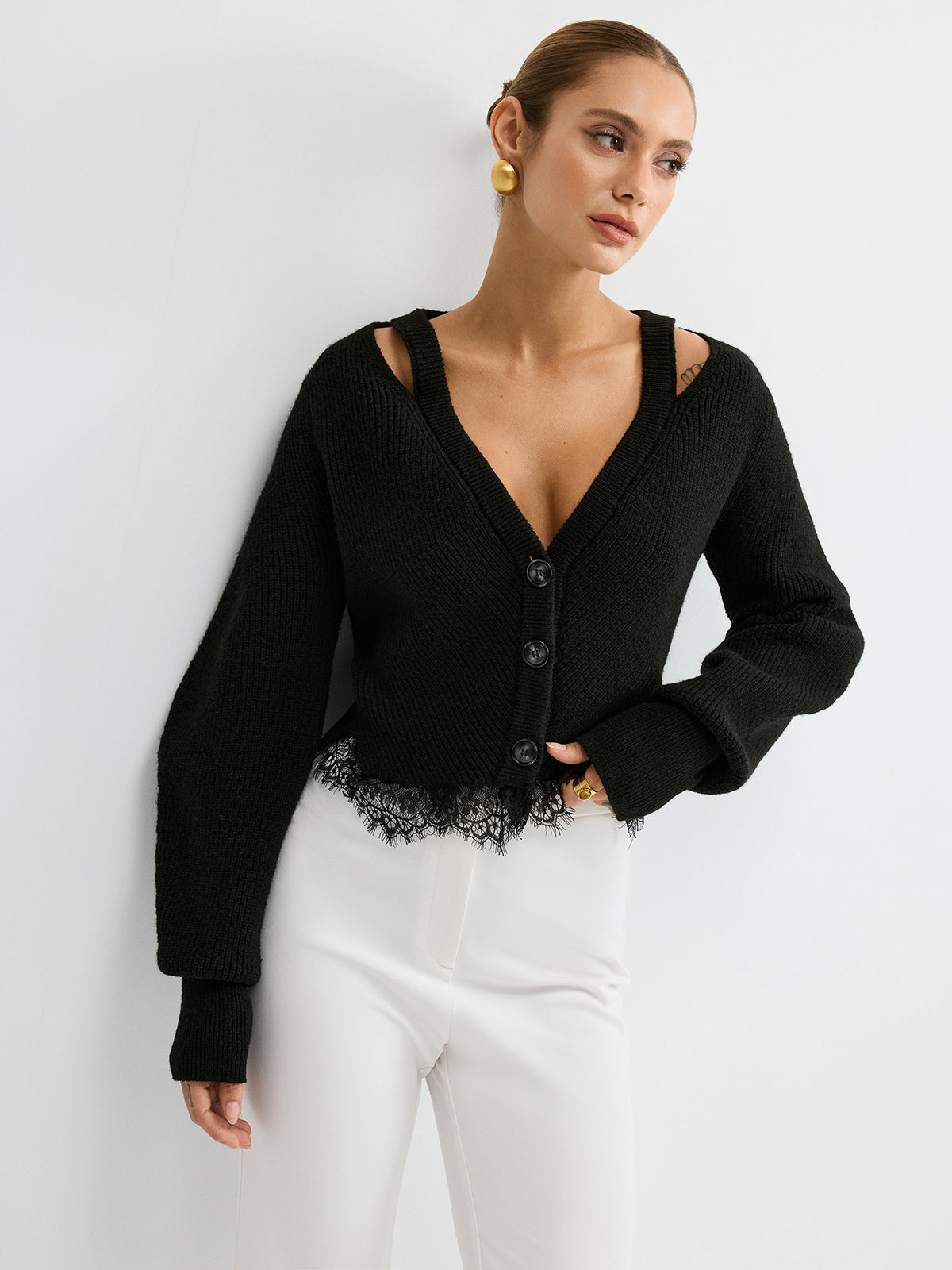 Lace Hem Wool Blend Cardigan