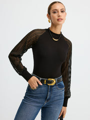 Mock Neck Mesh-Sleeve T-Shirt