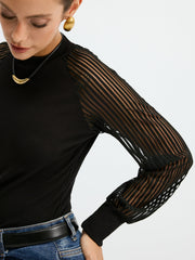 Mock Neck Mesh-Sleeve T-Shirt