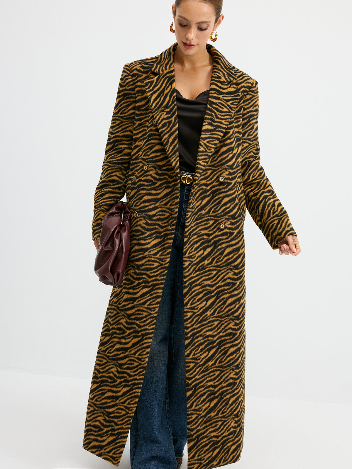 Tiger Print Oversized Tweed Long Coat
