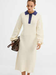 Contrast Collar Waffle-Knit Maxi Dress